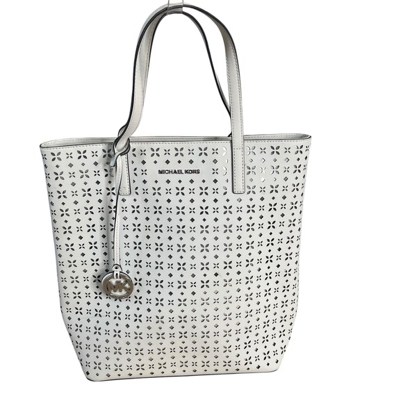 Michael Kors Hayley‎ Floral Perforated Large Tote Bag White Silver Tone hardware - Picture 1 of 15